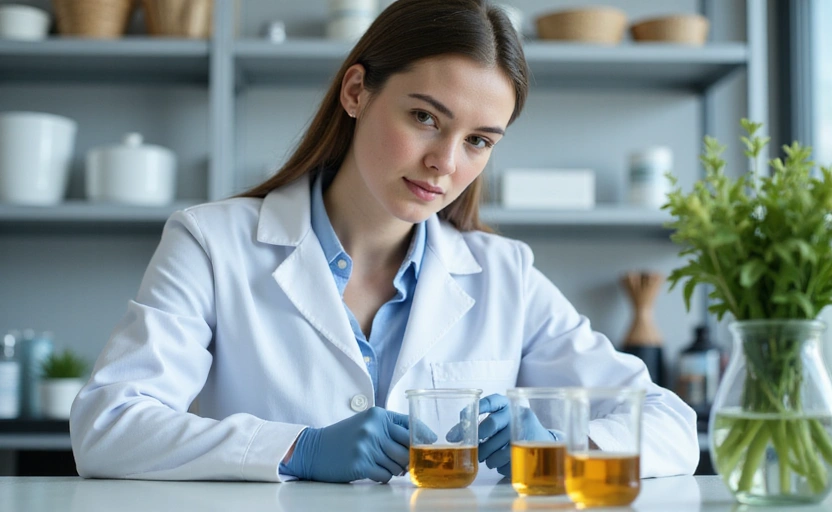 Ricercatore che esamina estratti vegetali in un ambiente sterile