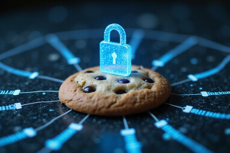 Illustrazione di un biscotto digitale e icone che rappresentano la privacy e la sicurezza dei dati