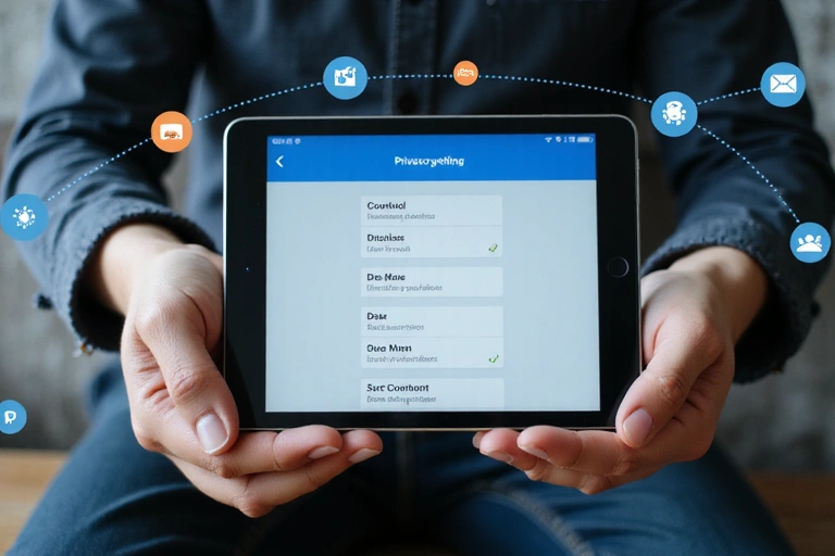Una persona che gestisce le impostazioni della privacy su un tablet, circondata da icone di controllo e dati